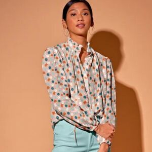Tucker NYC Willow Blouse Blush Mint Poppies Micro in Silk Crepe de Chine Top